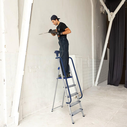 Hostrom Trapladder, 5 treden, versterkt aluminium, beveiligd met leuningen, gereedschapshouder, platformhoogte 112 cm, belasting 150 kg