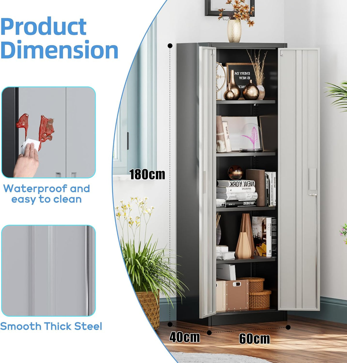 Archiefkast, metalen kast met 4 in hoogte verstelbare planken, plaatstaal met poedercoating, stalen kast voor gereedschap, garage H180 cm x B60 cm x D40 cm (Zwart/Grijs)