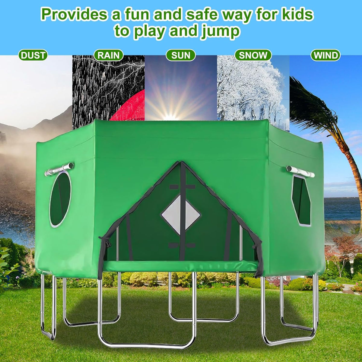Trampoline Tent 427 cm Overkapping Afdekking, Trampoline Dak Accessoire voor Rechte Stangen met 6 Stangen, Bescherming tegen Zon en Wind, Geschikt voor Outdoor Gebruik (Groen)