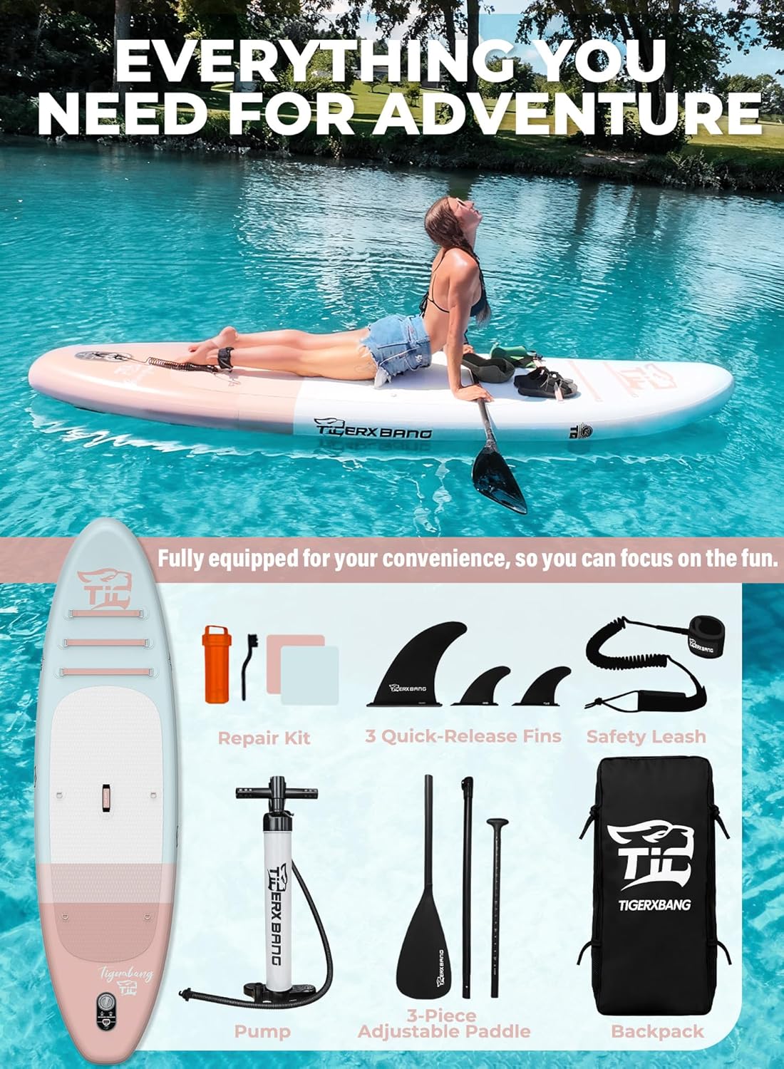 Opblaasbaar stand-up paddleboard met SUP-boardaccessoires, antislip, minimalistisch paddleboard voor volwassenen en jongeren van alle vaardigheidsniveaus, Sunny Wave Collection-Roze