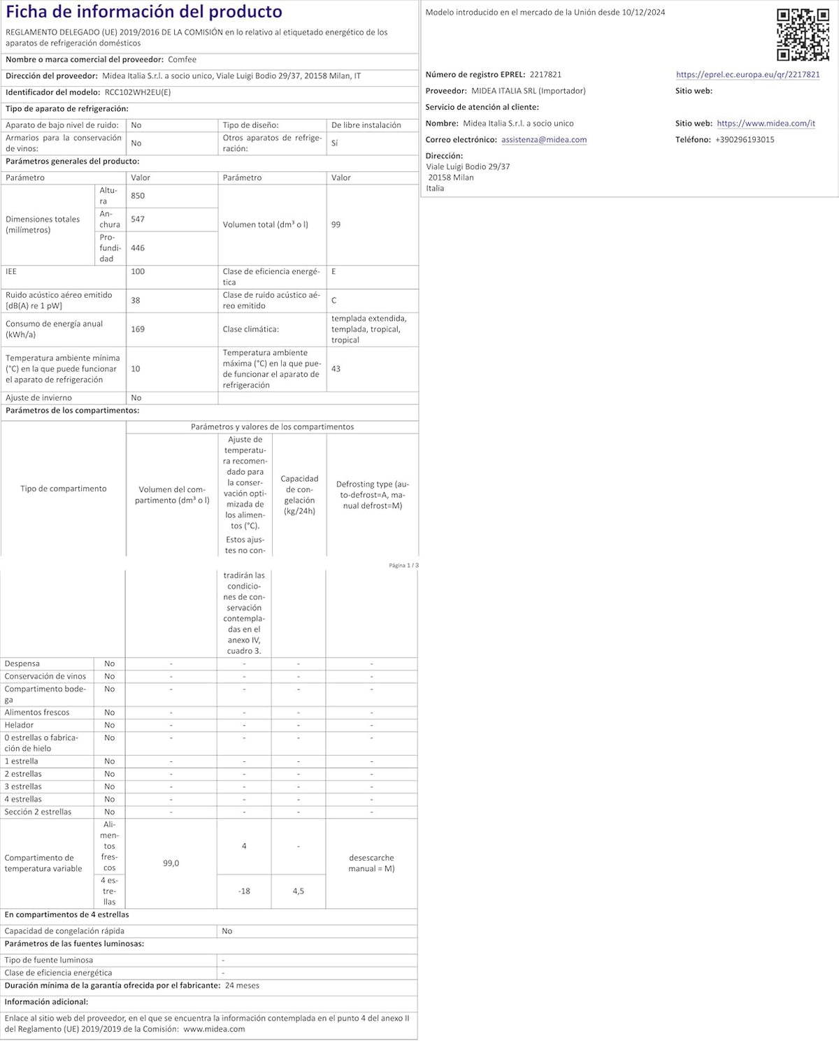 COMFEE RCC102WH2EU(E) Vrijstaande vrieskast, 99 l, om te zetten in vriezer, inverter, 4 sterren, geschikt voor de garage, wit [energieklasse E]