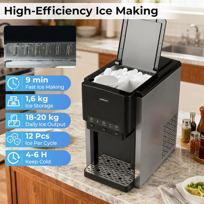 FANTASK 3-in-1 ijsblokjesmachine, 12 ijsblokjes in 9 minuten, waterdispenser met gemalen ijs, ijsmaker 20 kg/dag, compressorkoeling voor thuis, keuken en kantoor