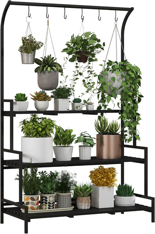 Outsunny Plant Stand, Flower Stand with 3 Levels, Flower Rack with 6 Hooks, Plant Stairs, Plant Rack for Garden, Steel, Black, 110 x 50 x 170 cm - QUORE