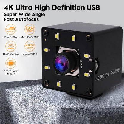 SVPRO Auto Focus 4K 30pfs UHD USB-camera voor computer met IMX415-sensor, 100° geen vervorming mini-camera met ledverlichting voor online onderwijs/vergadering/live streaming, plug&play