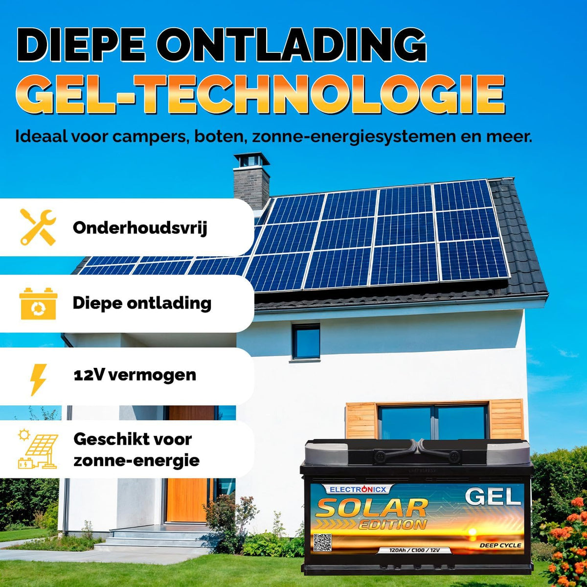 Electronicx GEL Zonnebatterij 120Ah 12V – Deep Cycle huishoudaccu, 120 Ah 12 Volt zonne-accu voor eilandinstallaties, camper, boot, fotovoltaïsch, cyclisch vast, afmetingen: 353×175×190 mm