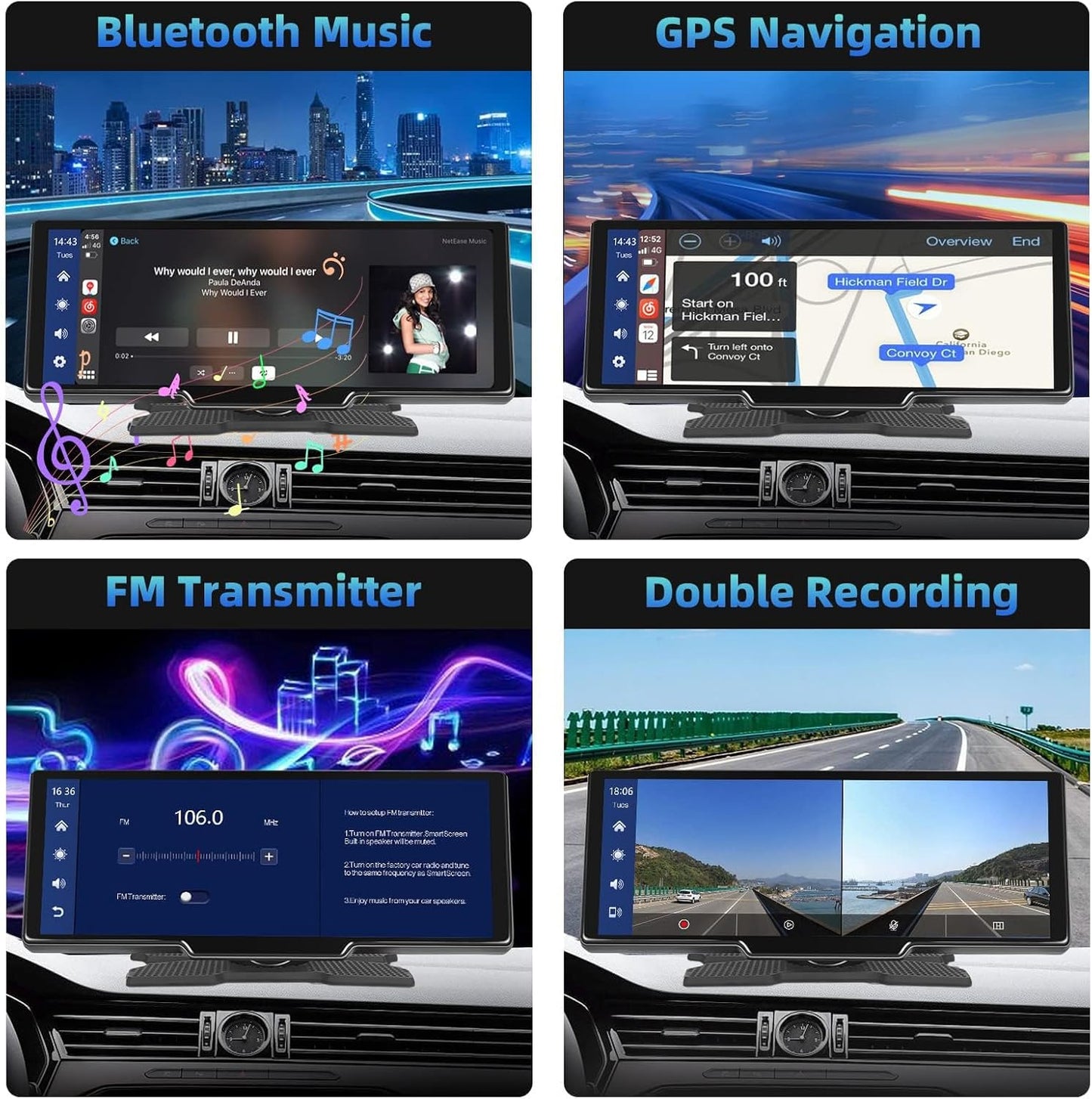 Podofo 9,3 inch draagbare autoradio 2,5K dubbele dashcam met draadloos Apple Carplay Android-autoscherm, 7-32V touchscreen met stemassistent/Bluetooth/FM-zender/AUX / 32G TF-kaart