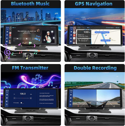 Podofo 9,3 inch draagbare autoradio 2,5K dubbele dashcam met draadloos Apple Carplay Android-autoscherm, 7-32V touchscreen met stemassistent/Bluetooth/FM-zender/AUX / 32G TF-kaart