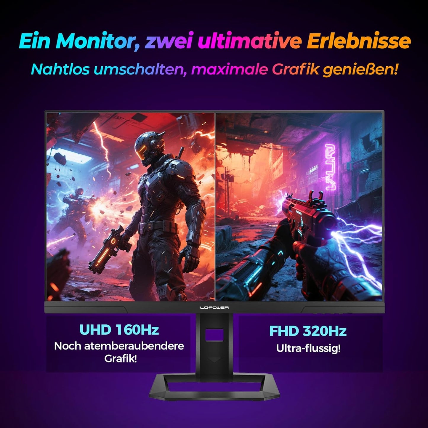 LC-Power Monitor Gaming 27 Pollici, Dual Mode UHD 4K (3840×2160) 160Hz | FHD 320Hz, 1ms OD, Rapid IPS, 130% sRGB, AdaptiveSync, HDR400, HDMI 2.1, DP 1.4, VESA, M27UFD