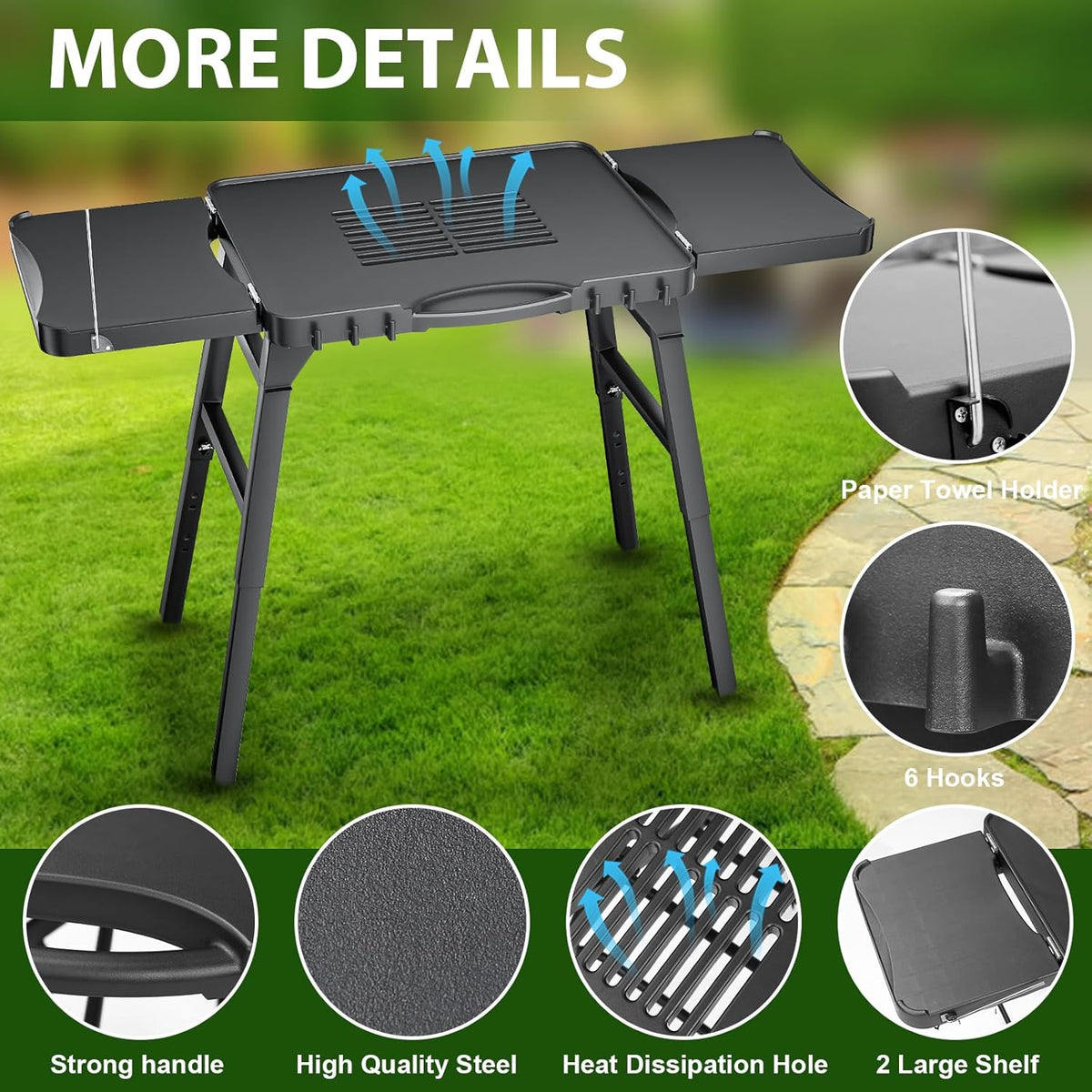 GFTIME Universele draagbare grillwagen voor Enders Urban, Weber Q100/Q200/Q300, Ninja Woodfire, Burnhard Wayne, opvouwbare outdoor grillstandaard met groot werkblad en in hoogte verstelbare poten