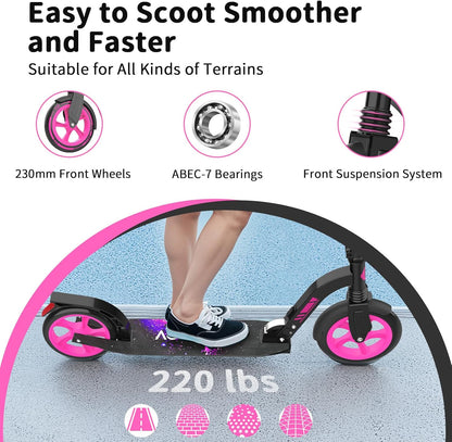 BELEEV V10 Big Wheel Scooter voor kinderen vanaf 6 jaar, met oplichtend dek, opvouwbare scooter met 2 wielen voor volwassenen en tieners, 5 verstelbare hoogte, lichtgewicht sport forenzen scooter met