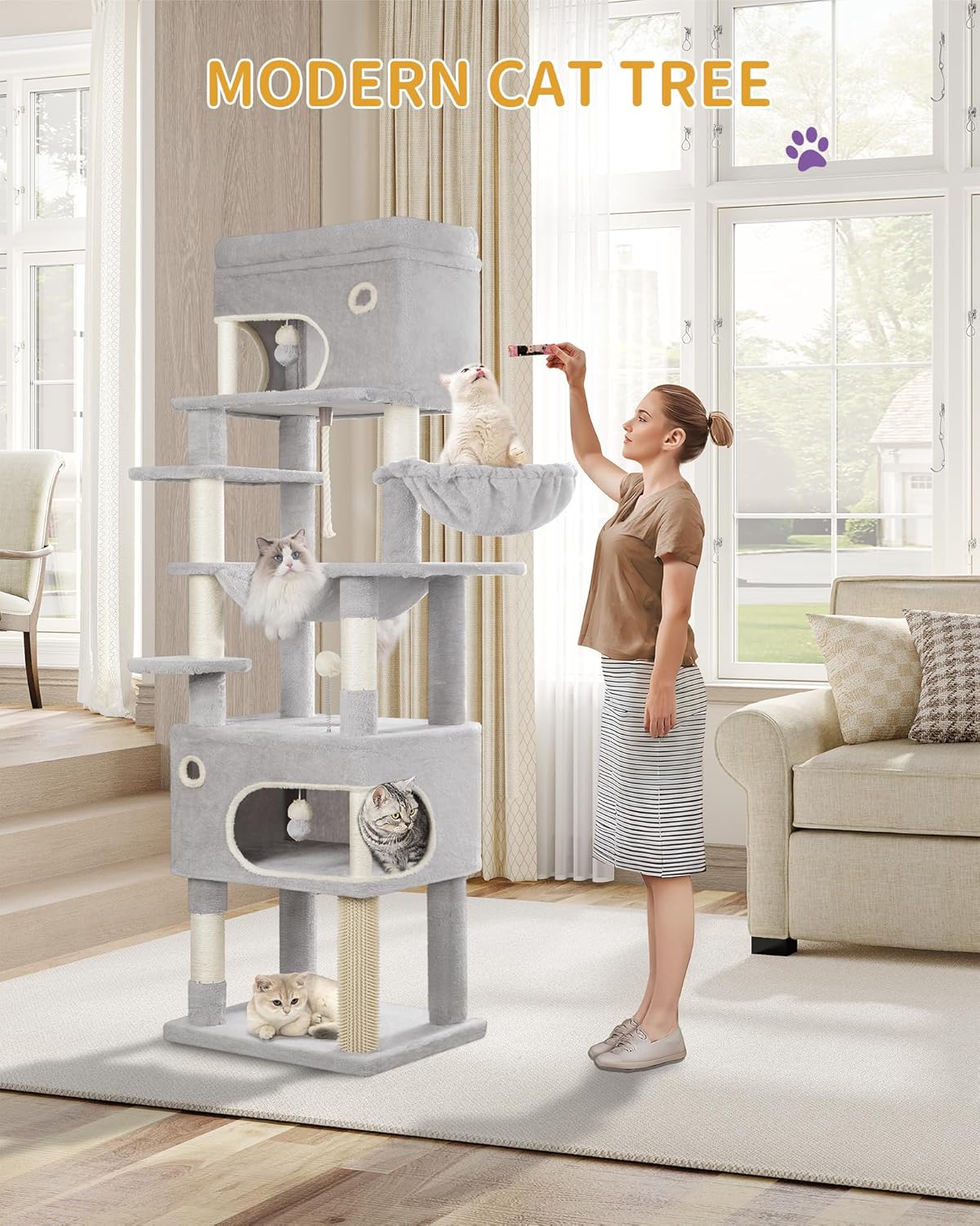 Hzuaneri Cat Scratching Post, 178cm Multilayer Cat Tree with Large Platform, 2 Caves, 7 Sisal Poles, Pompoms, Cat Basket, Hammock, Suitable for Cats of All Sizes, Light Grey MS17818LG - QUORE