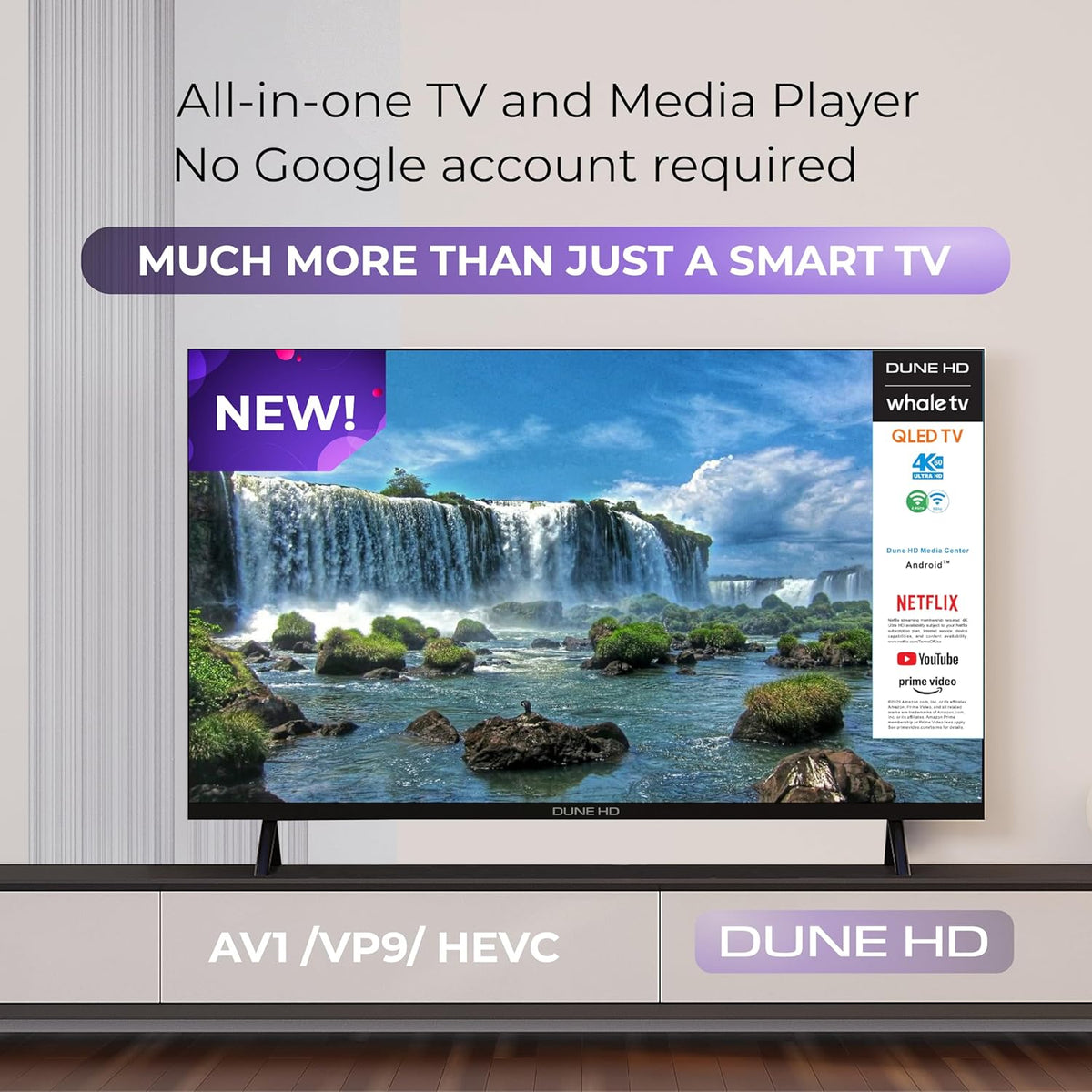 Dune HD Smart TV 55" (2026), QLED 4K UHD Quantum Dots, HDR10 HLG, Whale OS Android, 2+16, drievoudige tuner DVB-T/T2/S/S2/C + analoge tv, spraakassistent, AirPlay, Miracast (55, Inch)