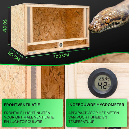 ITA Houten Terrarium 100x50x50 cm met Frontventilatie & Ingebouwde Hygrometer - Houten terrarium van OSB-3 platen - Voor reptielen, slangen, amfibieën - EU Product, FSC gecertificeerd
