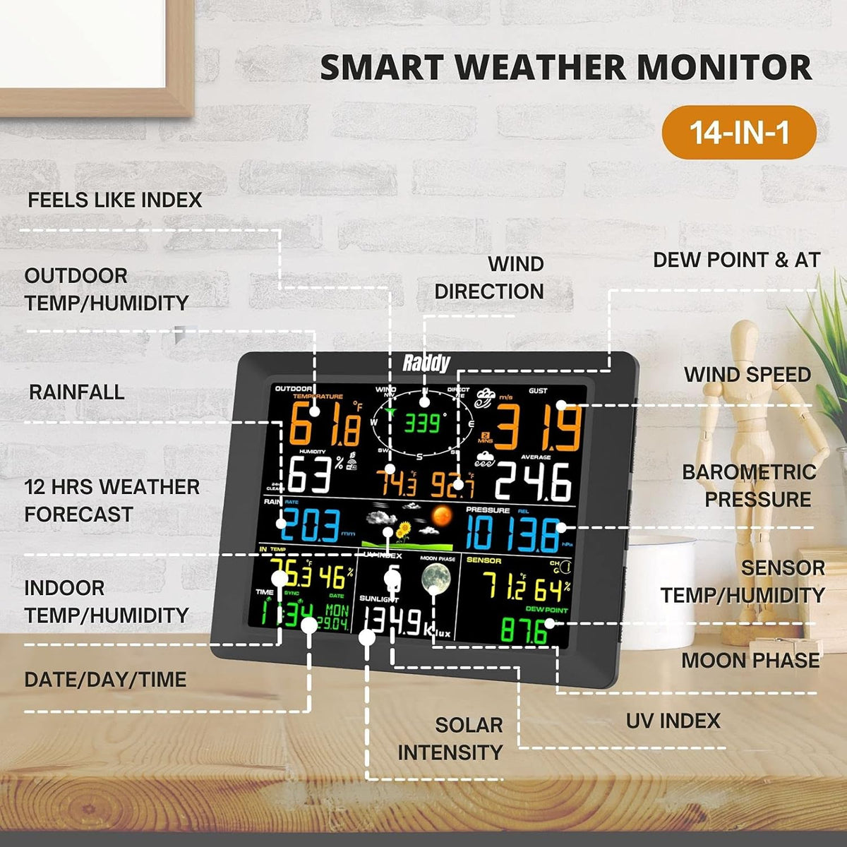 Raddy WF-100C Weerstation met buitensensor radio, 14-in-1 wifi-binnen-buitenthermometer met 10 inch digitaal kleurendisplay, windmeter, regenmeter, zonnesensor voor thuis, kantoor, tuin