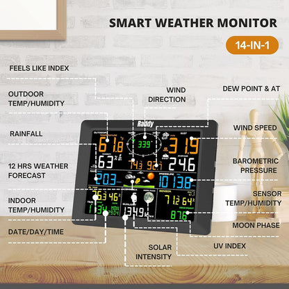 Raddy WF-100C Weerstation met buitensensor radio, 14-in-1 wifi-binnen-buitenthermometer met 10 inch digitaal kleurendisplay, windmeter, regenmeter, zonnesensor voor thuis, kantoor, tuin
