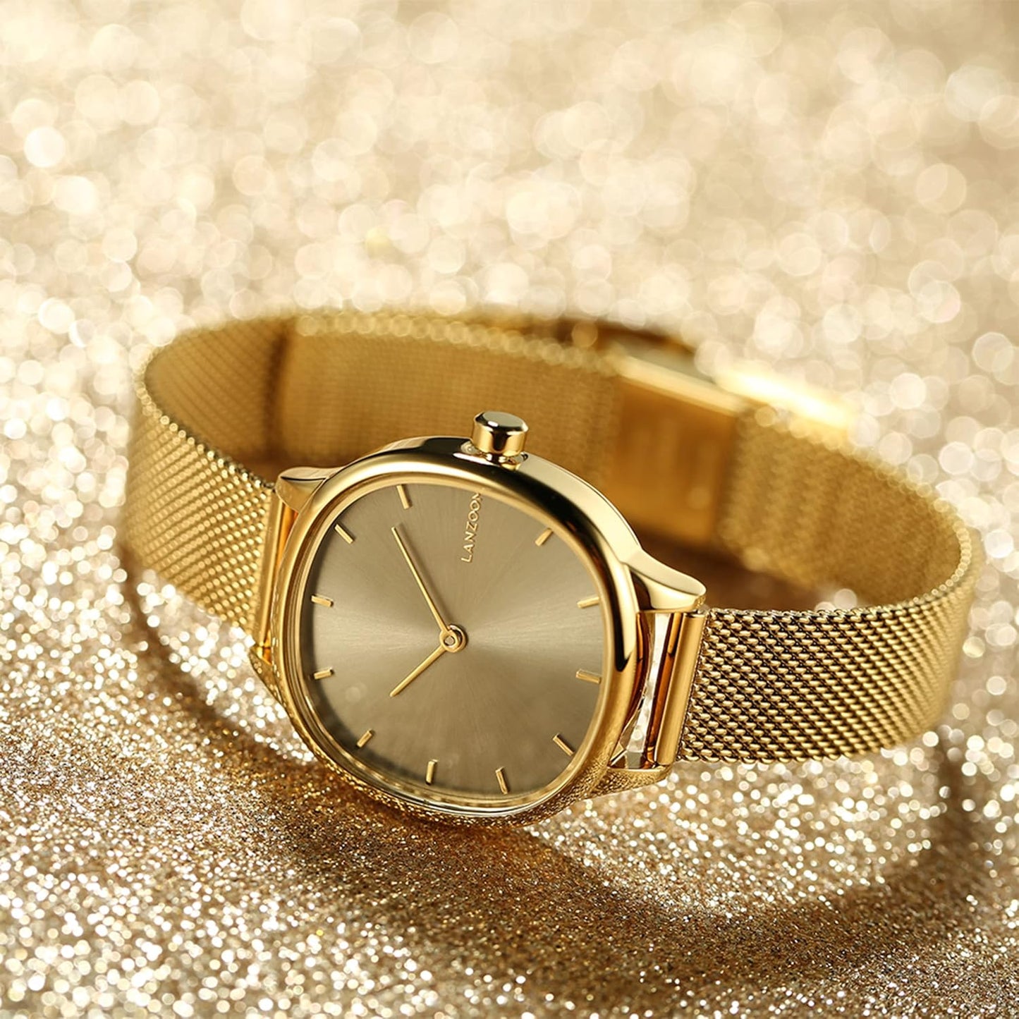 LANZOOM Dameshorloge minimalistisch ontwerp grijze kleur vierkante wijzerplaat met gouden Milaan stalen band serie Braini., Goud, armband