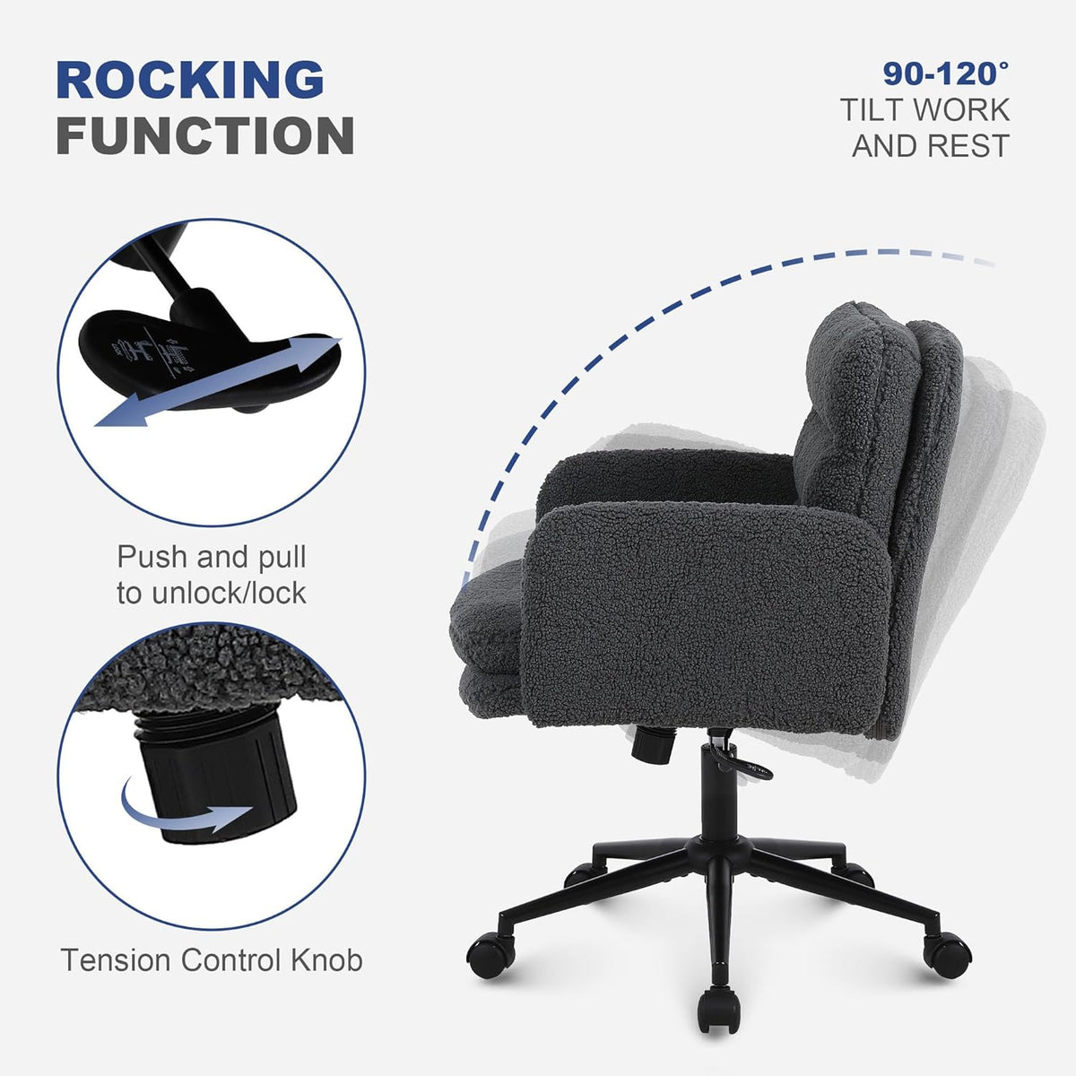 Youhauchair Bureaustoel, Imitatie Kasjmier Office Chair, Comfortabele Make-up Stoel met Verstelbare Hoogte, Ergonomic Chair Bureaustoelen voor Thuis en Slaapkamer, Donkergrijs