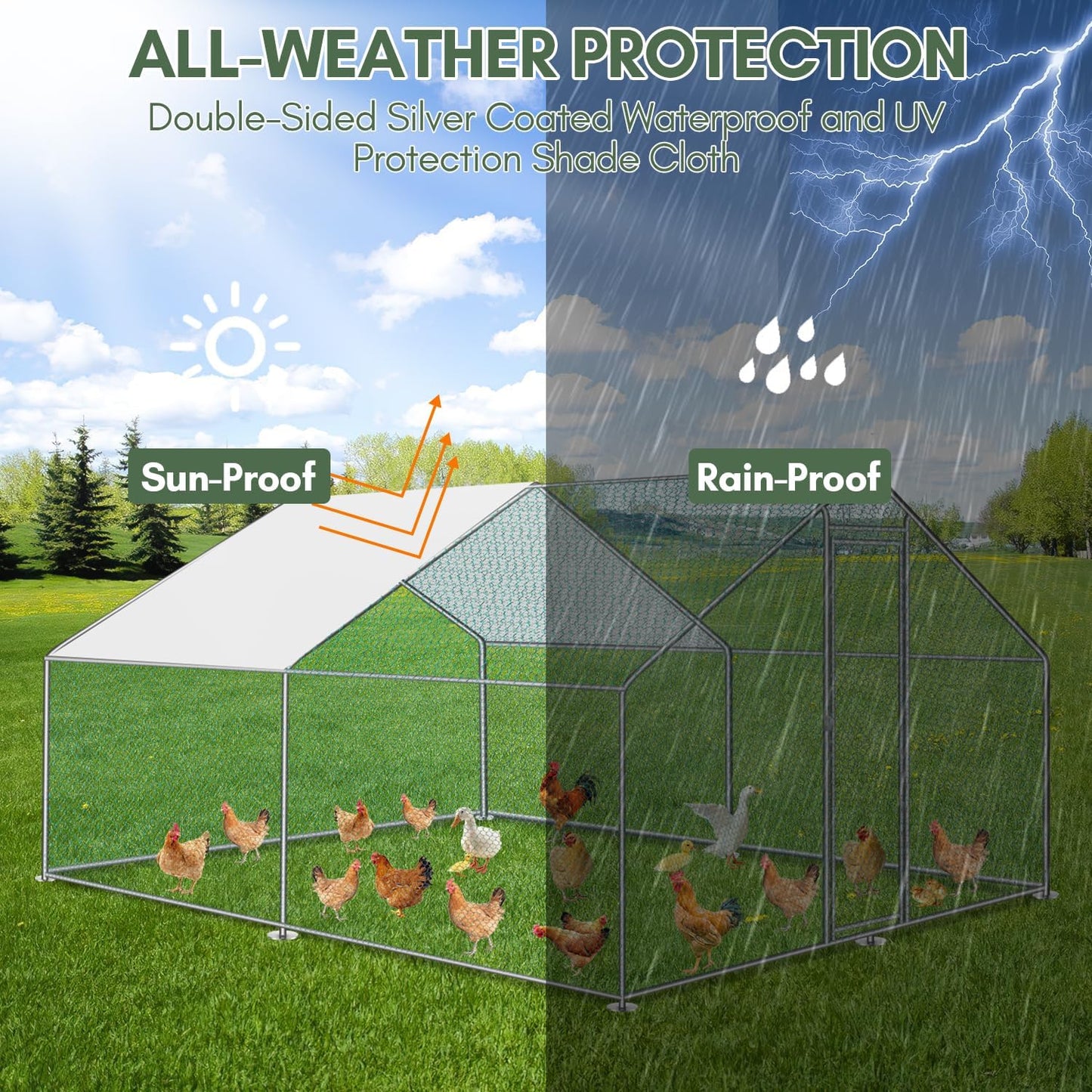 Kippenren – Kipverblijf – Kippenhok – Buitenren – Konijnenren – Stevig Gegalvaniseerd Stalen Frame – Waterdichte PE Zonwering 3x3x2 m