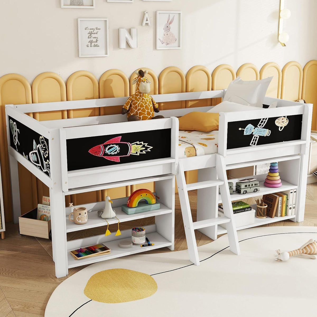 Children's Bed with Shelf, Slatted Frame, Ladder and Fall Protection, Teenage Bed, Single Bed, Wooden Pine Bed (White, 90 x 200 cm) - QUORE