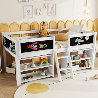Children's Bed with Shelf, Slatted Frame, Ladder and Fall Protection, Teenage Bed, Single Bed, Wooden Pine Bed (White, 90 x 200 cm) - QUORE