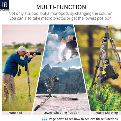 INNOREL RT75CM Koolstofvezel Statief 172 cm Professionele 2-in-1 Reisstatief & Balhoofd Kit Monopod Max Belasting 20 kg Max Buis 29 mm Heavy Duty Camera Ondersteuning met Middenkolom N44 Kogelhoofd