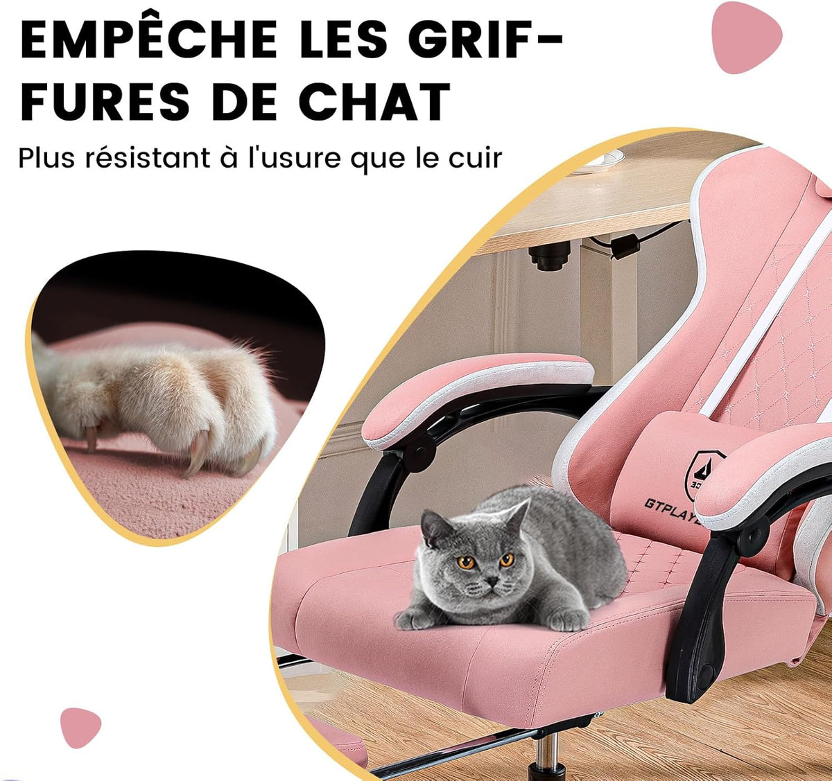 GTPLAYER Ergonomic gaming chair with fabric surface, seat cushion with springs, connecting armrests and footrest, pink - QUORE