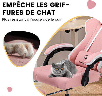 GTPLAYER Ergonomic gaming chair with fabric surface, seat cushion with springs, connecting armrests and footrest, pink - QUORE