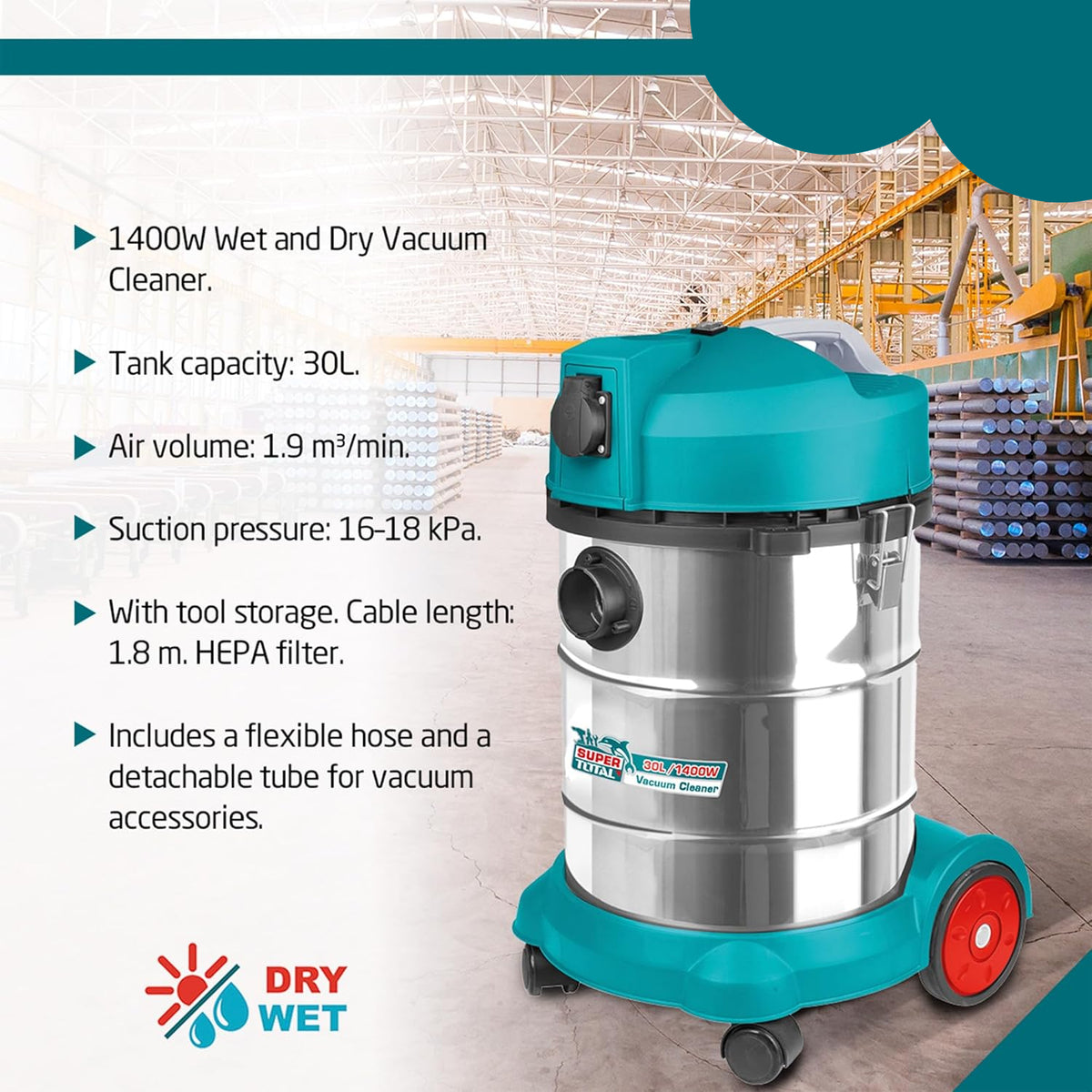 TOTAL - Stofzuiger - Dieptereiniging nat & droog - Hoog vermogen: 1400W - Compact en gemakkelijk te hanteren - Inhoud: 30 liter - Inclusief flexibele slang en afneembare buis - 45 x 41 x 61 cm