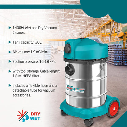 TOTAL - Stofzuiger - Dieptereiniging nat & droog - Hoog vermogen: 1400W - Compact en gemakkelijk te hanteren - Inhoud: 30 liter - Inclusief flexibele slang en afneembare buis - 45 x 41 x 61 cm