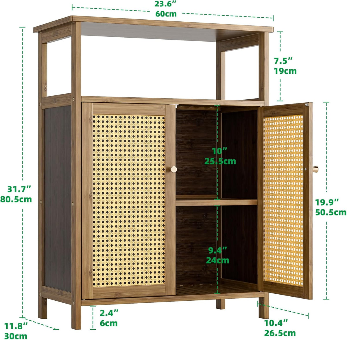 Badkamer Vloerstandaard Kast, Bamboe Opberg Organizer Tafel met 2 Rotan Deuren en 1 Plank, Houten Bijzetkast voor Hal, Wasserij, Keuken, Woonkamer (Walnoot)