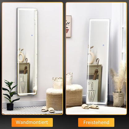 HOMCOM 2-in-1 Standing Mirror, Full-length Mirror with LED Lighting, Freestanding Vanity Mirror, Wall Mirror, Makeup Mirror for Bedroom, Living Room, Silver+Black, 40 x 51 x 157 cm - QUORE
