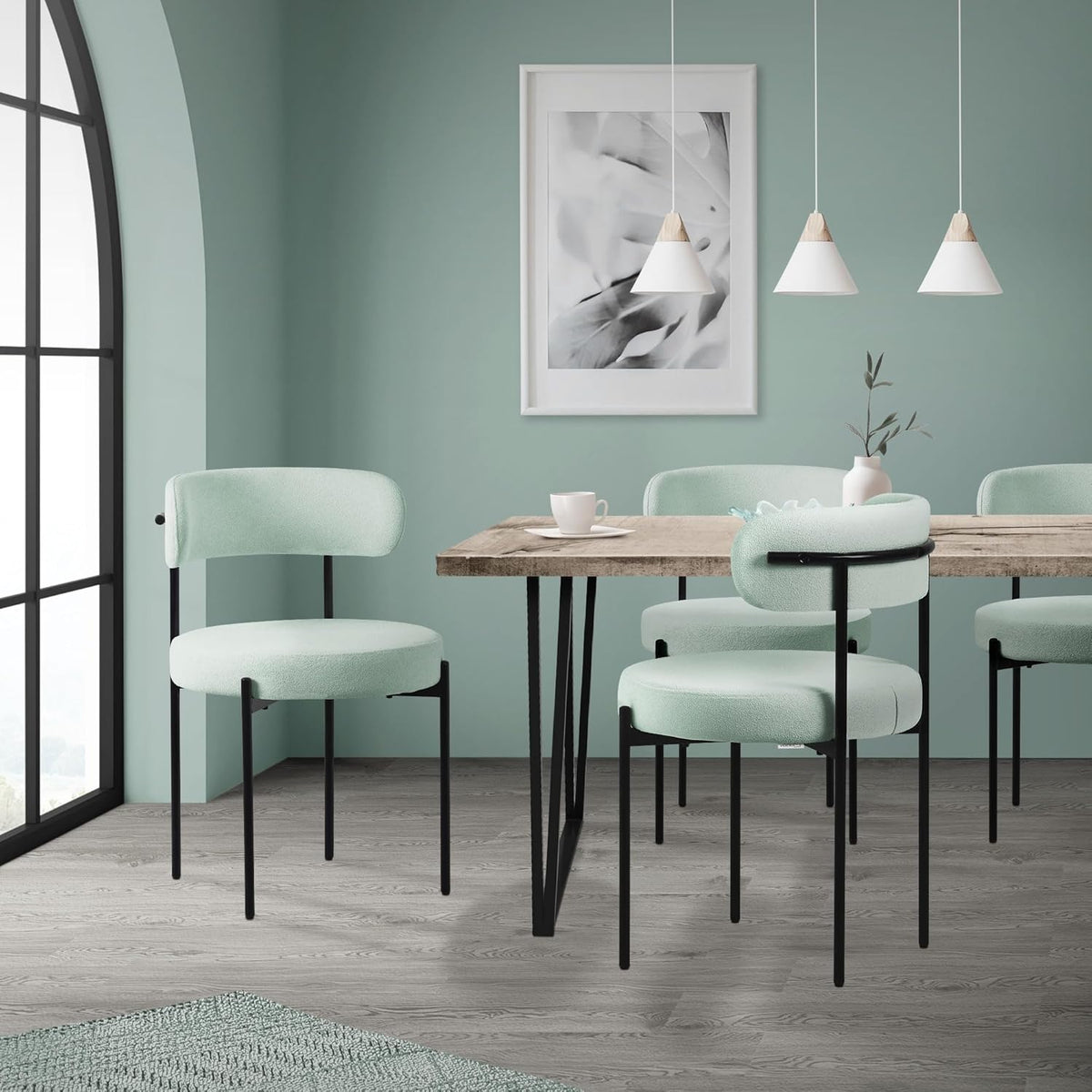 ML-Design Dining Chairs Set of 6, Kitchen Chair in Teddy Fabric Green, Living Room Chair with Backrest, Upholstered Chairs with Black Metal Legs, Ergonomic Lounge Chairs, Dining Room Chairs