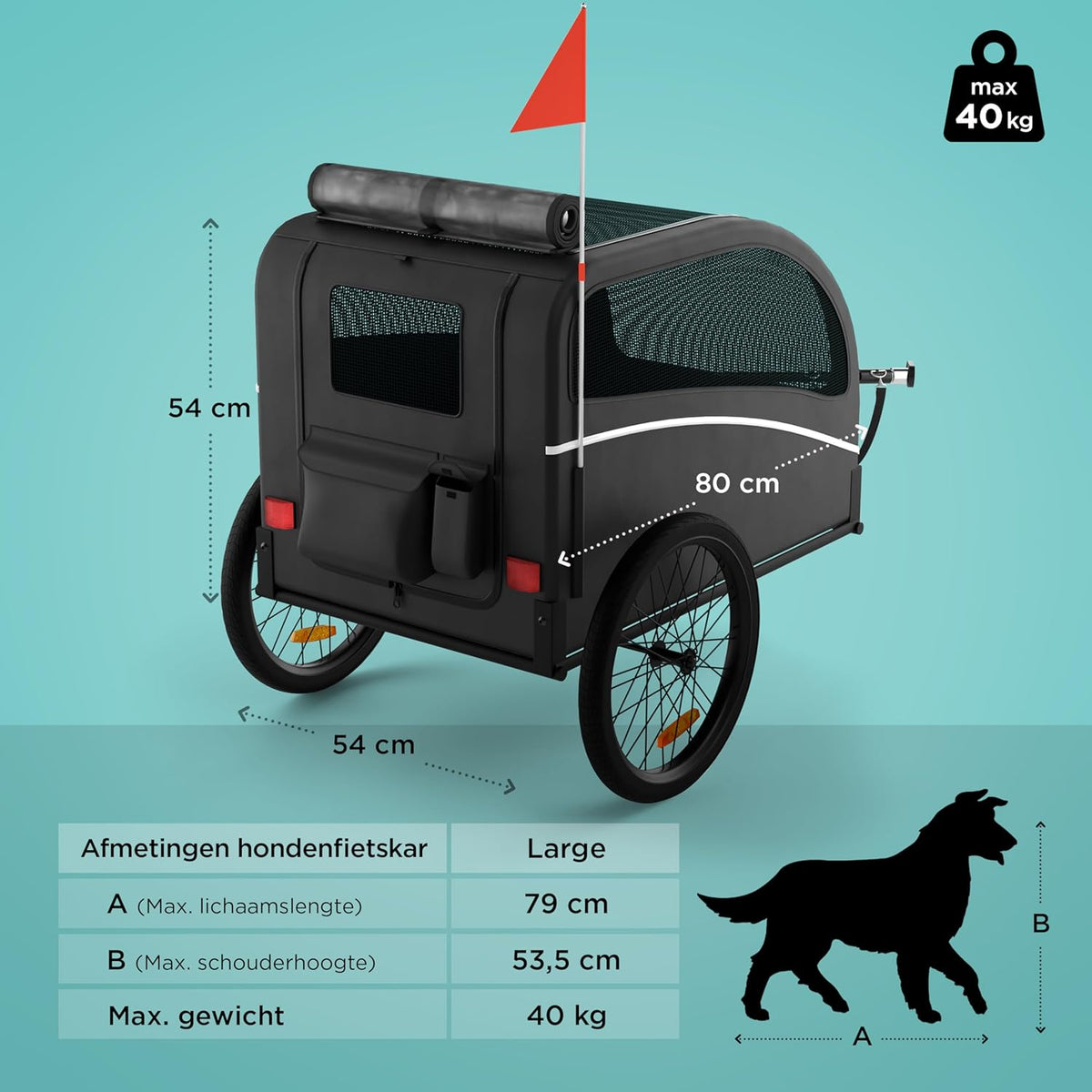 Hondenfietskar 40Kg – Hondenfietskar Opvouwbaar – Fietskar Hond – Hondenkar Voor Fiets – Hondenwagen – Geschikt Voor Alle Fietsen – Incl. Reflectoren & Vlag