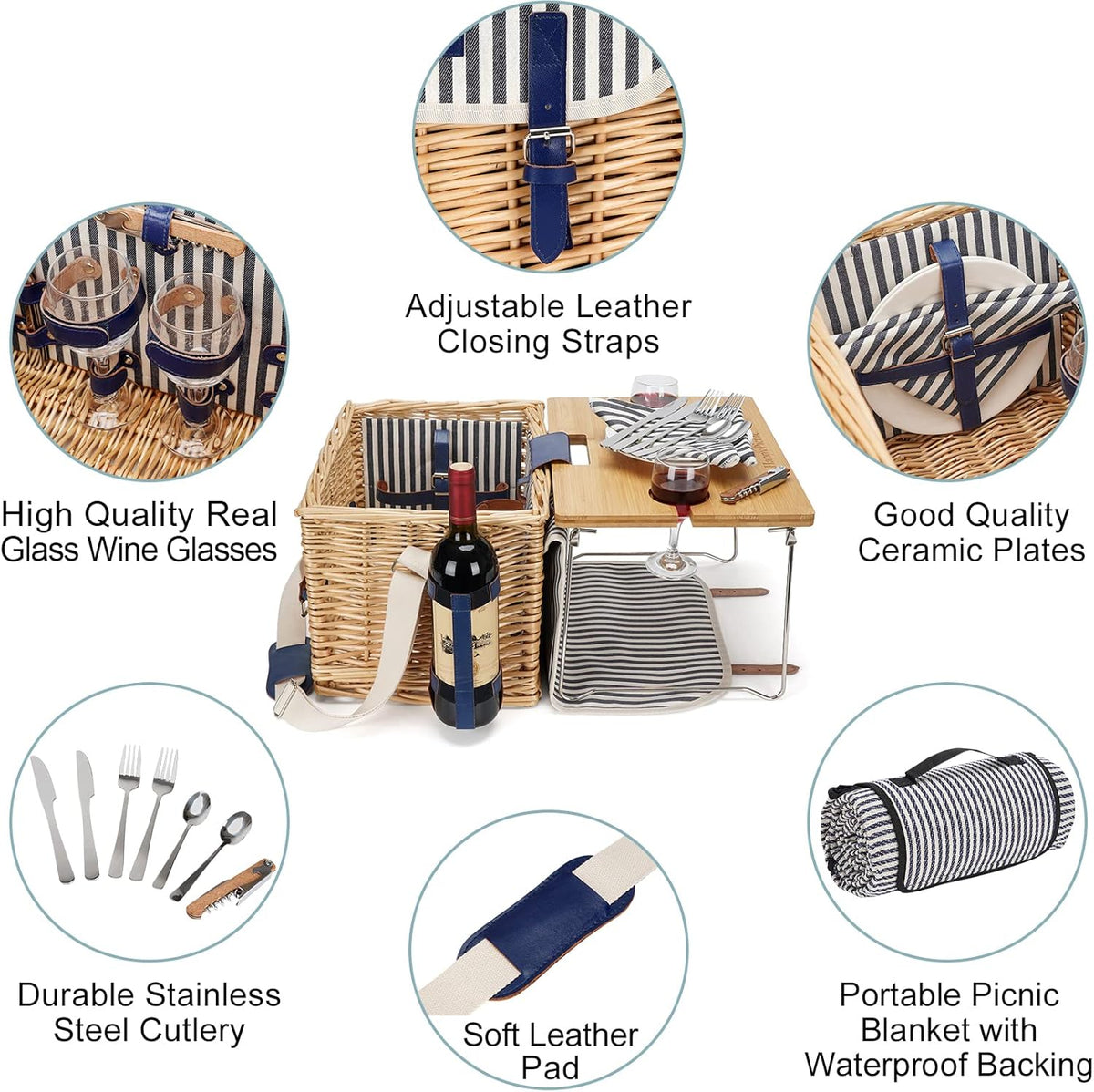 Wicker Willow Hamper Picknickmand voor 2 of 2 personen, cadeauset met bamboe wijntafel, voor camping en feestjes in de open lucht, herbruikbaar