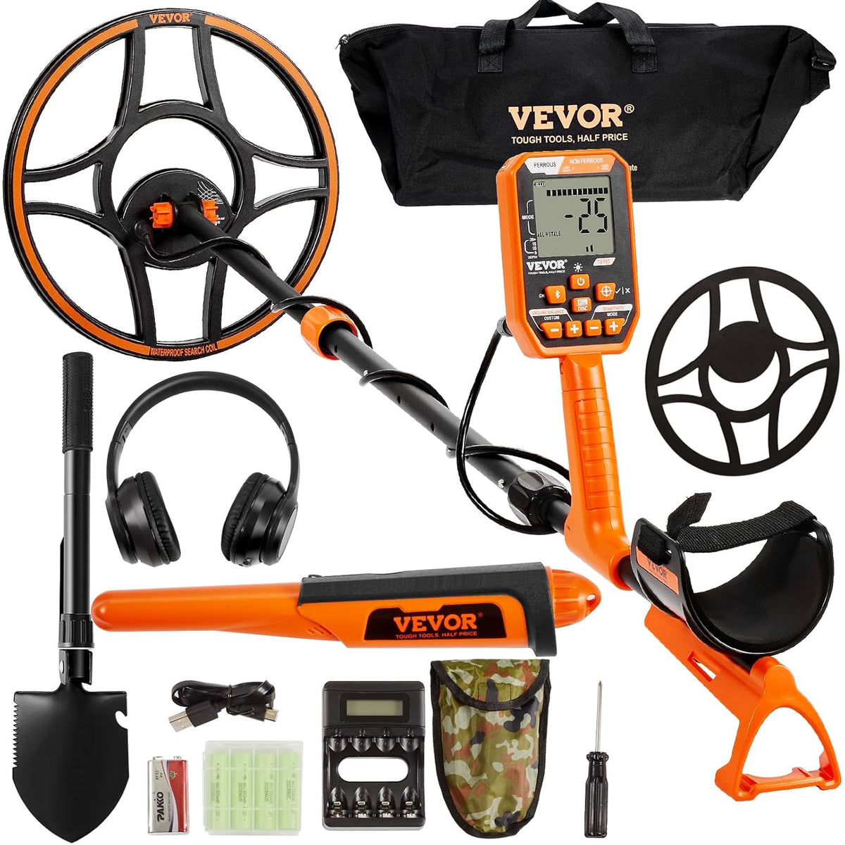 VEVOR Metaaldetector, zoekspoel, 30,5 cm, oplaadbaar, 99-127 cm, LCD-scherm, waterdicht, IP68, 7 modi, DSP-chip, bluetooth, voor goudzoeken, schattenjacht, zwart/oranje