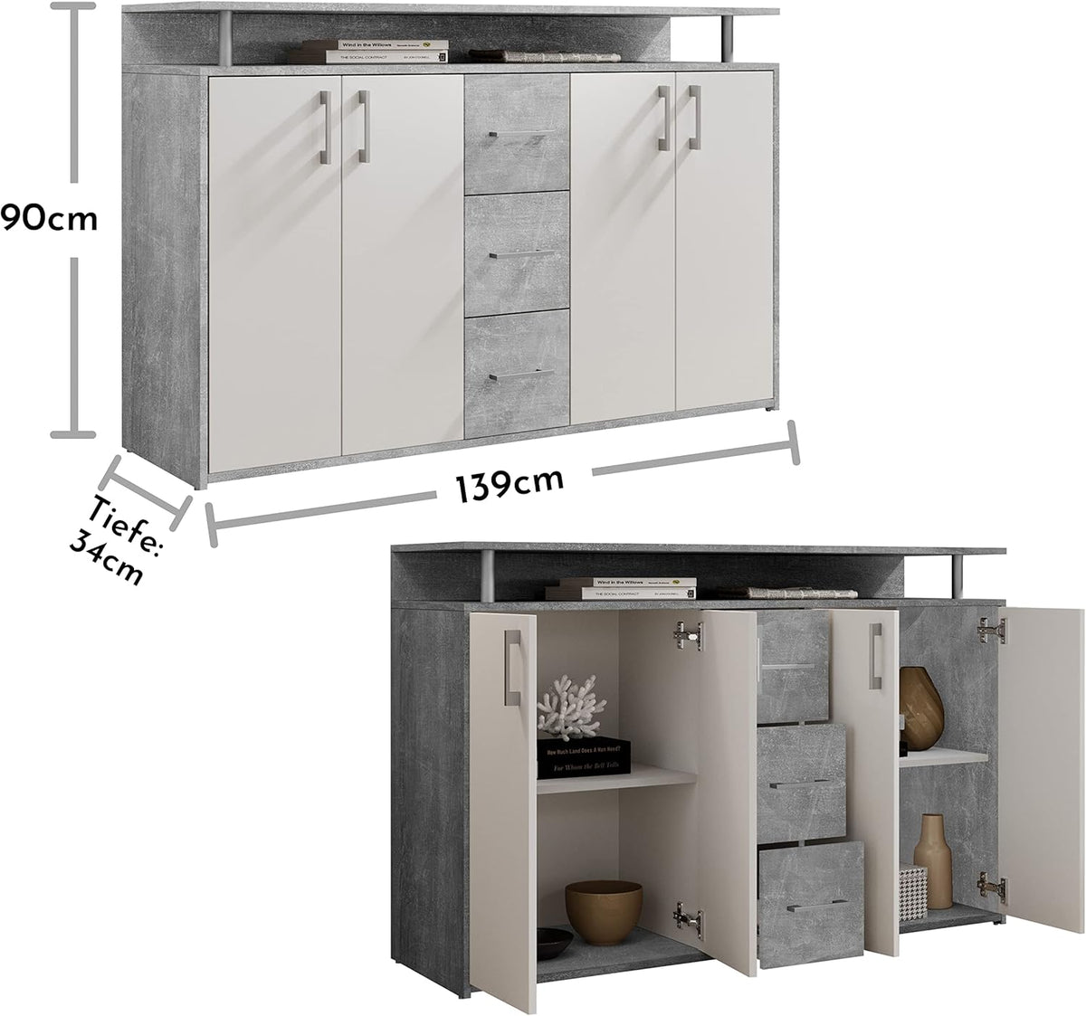 Stella Trading Drift Highboard, houtdecor, betonwit, (B/H/D) 139 x 90 x 34 cm