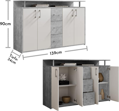 Stella Trading Drift Highboard, houtdecor, betonwit, (B/H/D) 139 x 90 x 34 cm