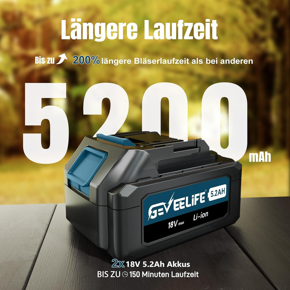 GEVEELIFE Accu-elektrische bladblazer 18 V, 257 km/u, met 3 snelheden en 2 accu's van 5,2 Ah, draadloze bladblazer voor tuin, bladeren, stof en sneeuw, blauw (batterij