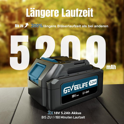 GEVEELIFE Accu-elektrische bladblazer 18 V, 257 km/u, met 3 snelheden en 2 accu's van 5,2 Ah, draadloze bladblazer voor tuin, bladeren, stof en sneeuw, blauw (batterij