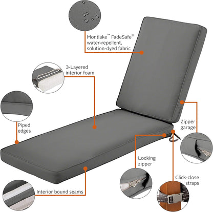 Classic Accessories Montlake FadeSafe Waterbestendig 202 x 66 x 7 cm Outdoor Chaise Lounge-kussen, terrasmeubelkussen, licht houtskoolgrijs, buitenzitkussens