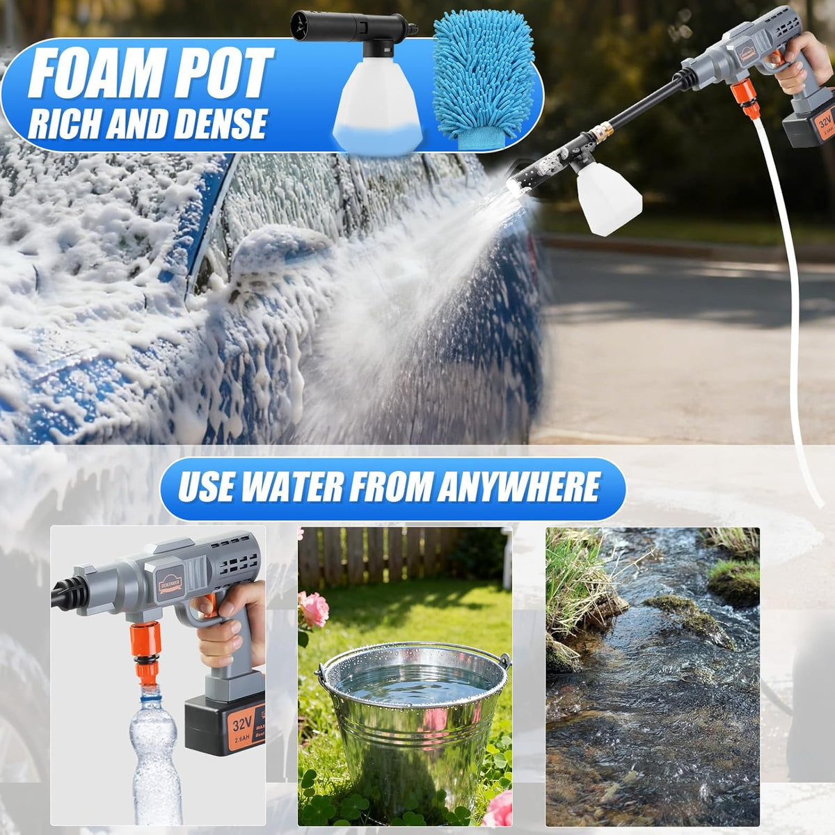 Hogedrukreiniger – Accu Hogedrukspuit – Drukreiniger – Draagbare Waterreiniger – 6-in-1 Sproeimondstuk – 32V 2,6 Ah Accu – 700 Psi (48 Bar) Maximale Druk