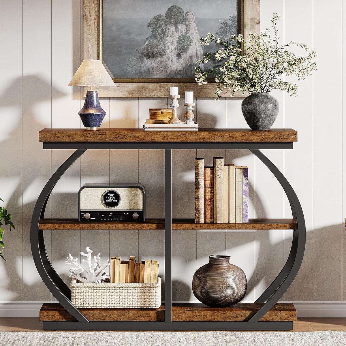 Tribesigns Consoletafel, 104 cm, industriële entreetafel met 3 verdiepingen met gebogen metalen frame en opbergplanken voor woonkamer, hal, rustieke koffie