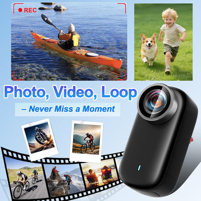 Mini Action Cam WiFi met scherm, 4K UHD en 150° groothoek, IP65 waterdichte bodycam 4K 64GB, draagbare anti-shake helmcamera motorfiets - ideaal voor sport en outdooractiviteiten
