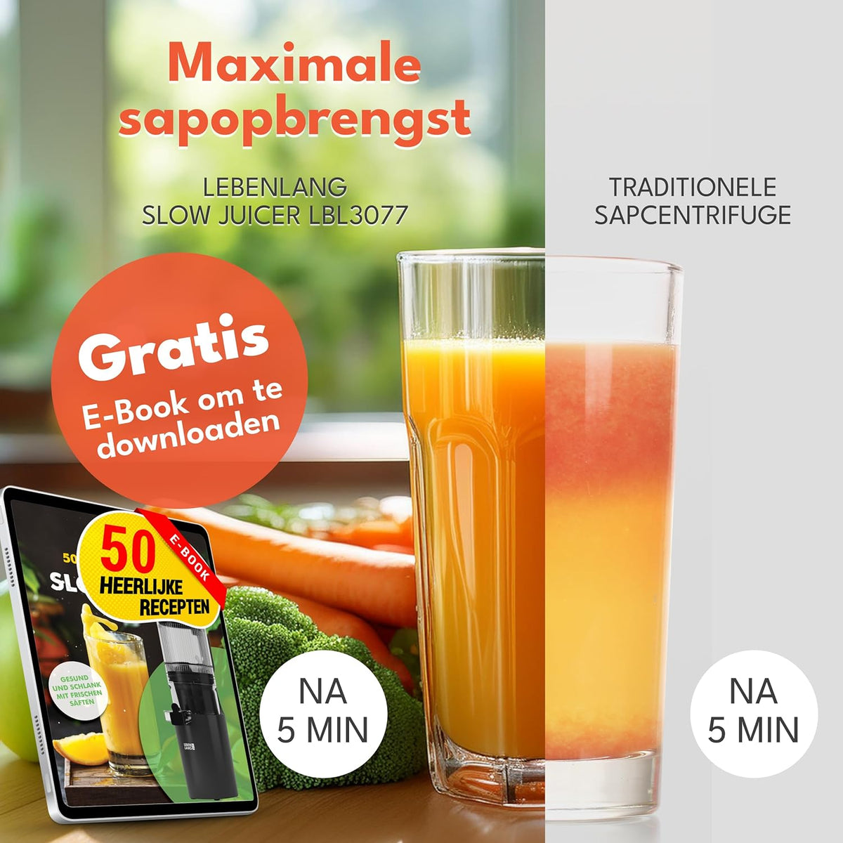 LEBENLANG Slow Juicer machine - Incl. receptenboekje & grote opening van 130 mm I Perfect voor hele vruchten sap & groene sapjes 100% BPA-vrij I Cold press Stille slowjuicer Masticating Sapcentrifuge