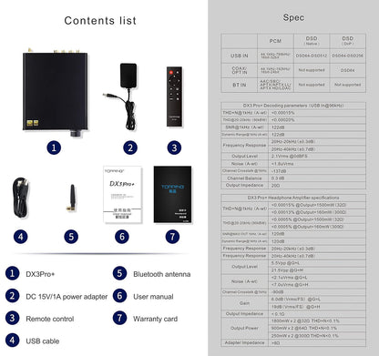 Topping DX3pro+ LDAC Hoofdtelefoonversterker - ES9038Q2M XU208 NFCA Bluetooth5.0 Audio Decoder USB/Opt/Coax DAC AMP Voorversterker met Afstandsbediening (Zwart)