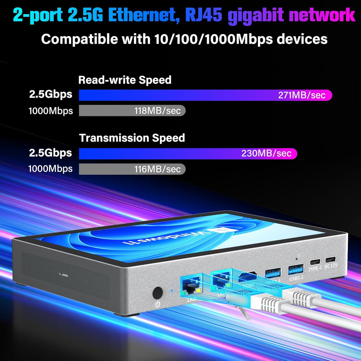 Mini PC Win 11 Pro, 12 Gen N95 (3.4 GHz), 7 Inch Screen, 8 GB RAM, 128 GB eMMC with Battery, USB-C Mini Computers, 2.5 GbE LAN Desktop Computer, Dual Display, 4K 60Hz, HDMI WiFi 5 BT 5.0