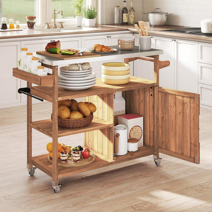 FANTASK Grillwagen voor buiten, serveerwagen met roestvrijstalen plaat, planken, kast & kruidenrek op wielen voor BBQ, 130 x 47 x 92 cm (2 deuren: 130 x 47 x 92 cm)