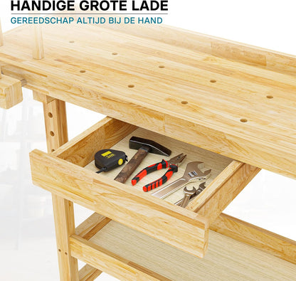 Werkbank 145x49x86cm hout (Rubberwood) met schuiflade, opbergbak, spantangen en bankschroeven
