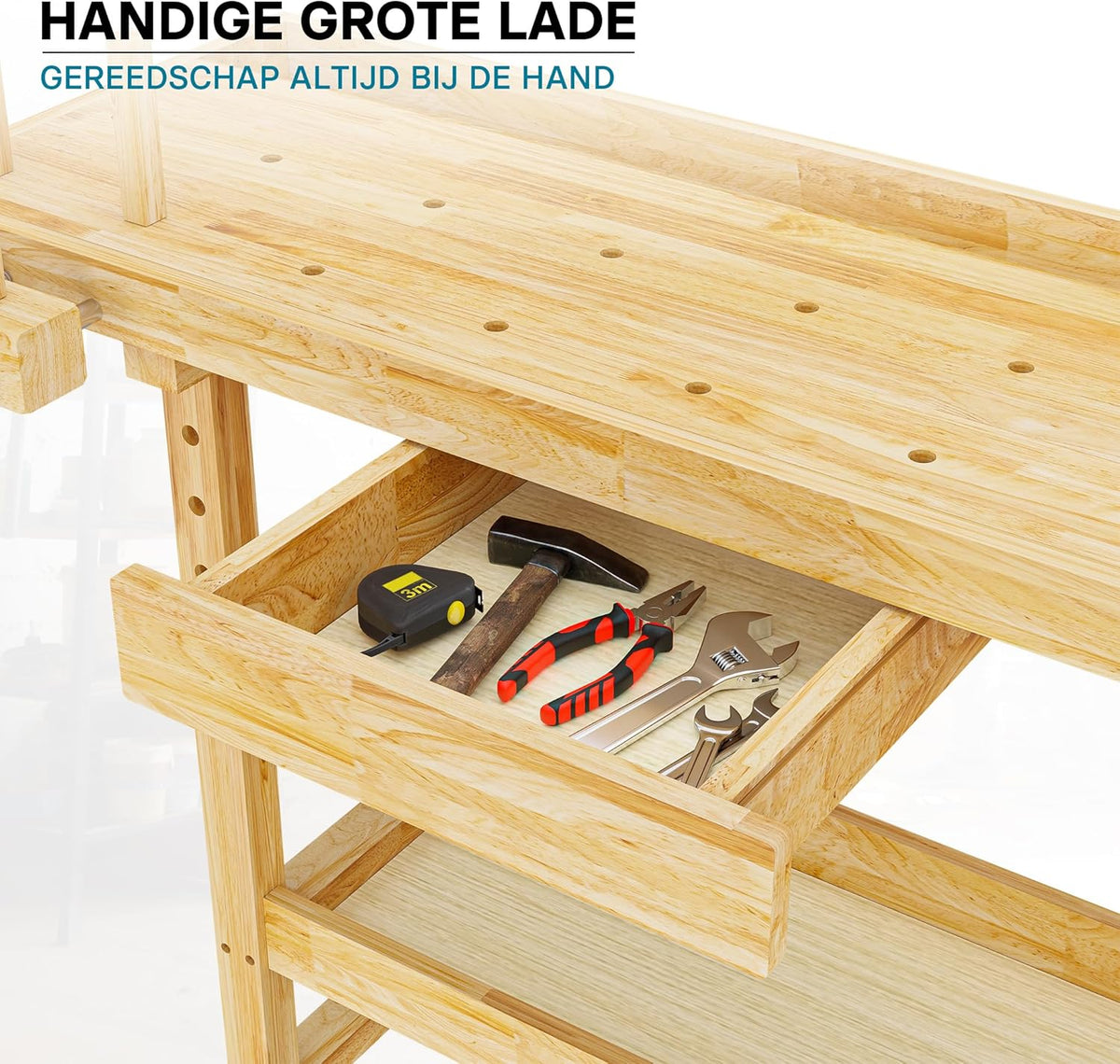 Workbench 145x49x86cm wood (Rubberwood) with drawer, storage box, collet and vises