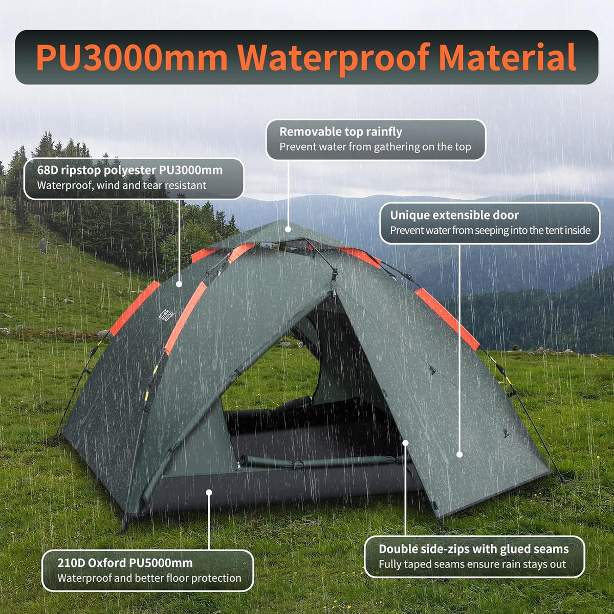 Campingtent, 3-persoons Instant pop-up tent, waterdichte drielaagse automatische koepeltent, grote lichtgewicht 4 seizoenen tent, backpacktent met afneembare regenvlieg 2 uitbreidbare veranda